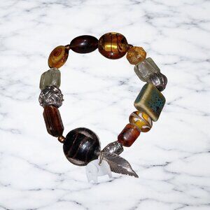 Vintage Beaded Stretch Bracelet With Elephant Charm & Mixed Beads Glass Boho